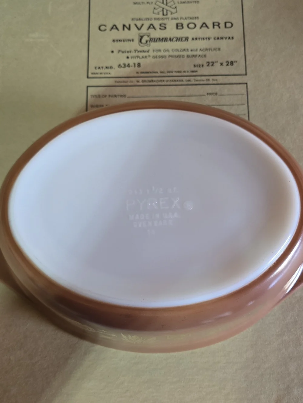 Pyrex Brown and White Round Casserole with Floral Band